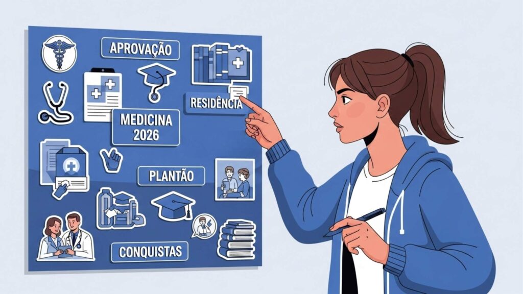 Jovem apontando para quadro de metas com palavras como “Aprovação”, “Residência”, “Medicina 2026”, “Plantão” e “Conquistas”, junto a ícones médicos.