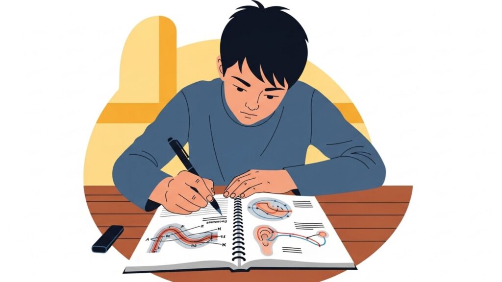 Ilustração de jovem estudando livro com ilustrações anatômicas do ouvido humano e sistema auditivo.