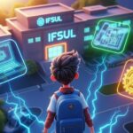 Estudante de mochila olhando para o prédio do IFSUL, com ícones flutuantes representando áreas como informática, engenharia, desenho técnico e tecnologia em geral, todos conectados por raios de energia.