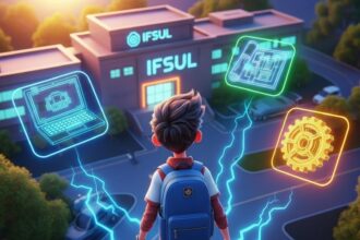 Estudante de mochila olhando para o prédio do IFSUL, com ícones flutuantes representando áreas como informática, engenharia, desenho técnico e tecnologia em geral, todos conectados por raios de energia.