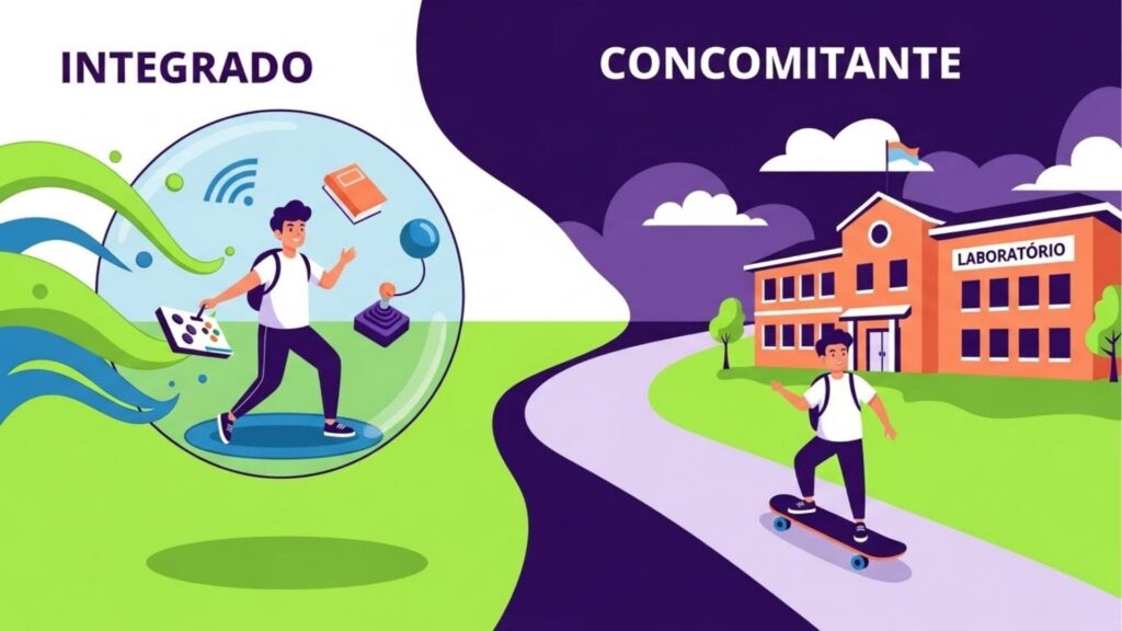 Ilustração comparando ensino integrado e concomitante: à esquerda, um estudante cercado por tecnologia e livros dentro de uma bolha; à direita, outro estudante andando de skate em direção a um prédio com a placa “Laboratório”.