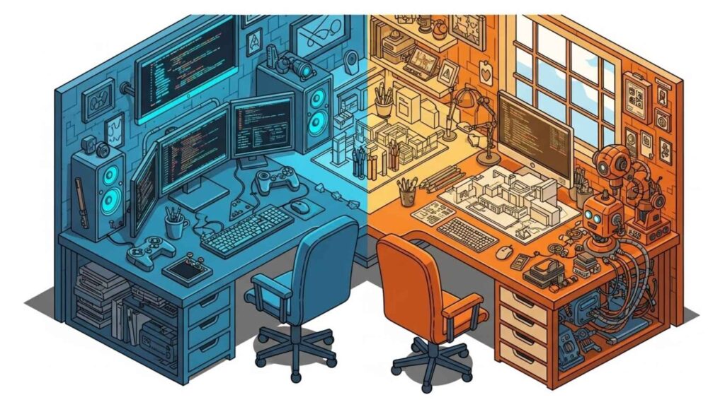 Estação de trabalho dividida em dois estilos: à esquerda, um ambiente azul com múltiplas telas, teclado, controles e elementos de programação e jogos; à direita, um ambiente laranja com maquetes, ferramentas de robótica, materiais de desenho técnico e iluminação natural.