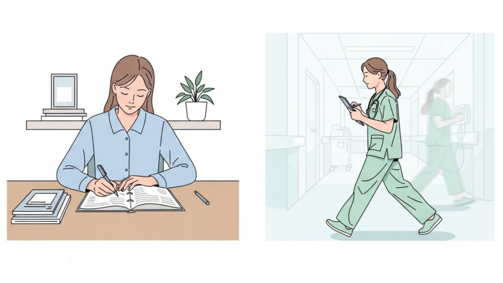 À esquerda, uma jovem estuda escrevendo em um caderno sobre uma mesa; à direita, ela aparece já formada, caminhando por um hospital com jaleco e estetoscópio, olhando um tablet.