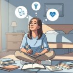Jovem sentada no chão do quarto rodeada por livros, escreve em um caderno enquanto pensa em símbolos da área da saúde, como estetoscópio, caduceu e batimentos cardíacos.