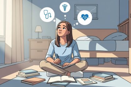 Jovem sentada no chão do quarto rodeada por livros, escreve em um caderno enquanto pensa em símbolos da área da saúde, como estetoscópio, caduceu e batimentos cardíacos.
