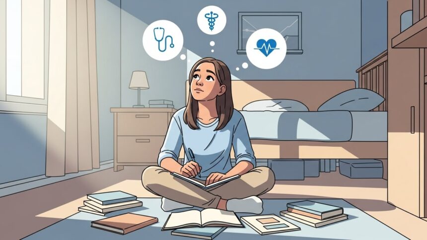 Jovem sentada no chão do quarto rodeada por livros, escreve em um caderno enquanto pensa em símbolos da área da saúde, como estetoscópio, caduceu e batimentos cardíacos.