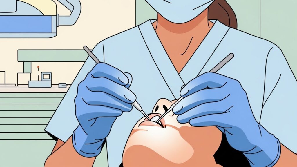 Dentista usando luvas e máscara realiza atendimento em um paciente, segurando instrumentos odontológicos com foco na área da boca.