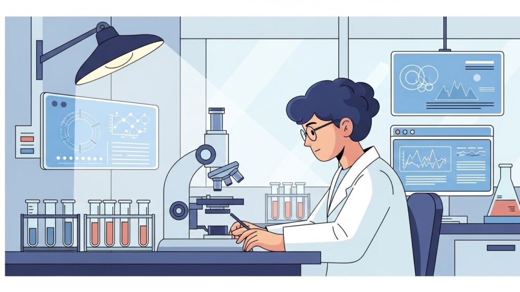 Pessoa com jaleco e óculos analisa amostras em um microscópio, cercada por tubos de ensaio, telas com gráficos e equipamentos de laboratório, simbolizando pesquisa científica.