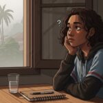 Jovem pensativa olhando pela janela com expressão de dúvida, sentada à mesa com um caderno, caneta e copo de água, com paisagem urbana ao fundo.