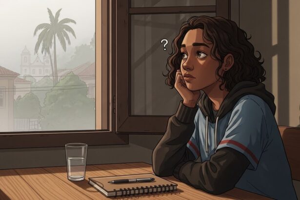 Jovem pensativa olhando pela janela com expressão de dúvida, sentada à mesa com um caderno, caneta e copo de água, com paisagem urbana ao fundo.