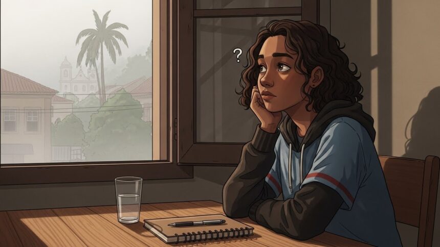 Jovem pensativa olhando pela janela com expressão de dúvida, sentada à mesa com um caderno, caneta e copo de água, com paisagem urbana ao fundo.