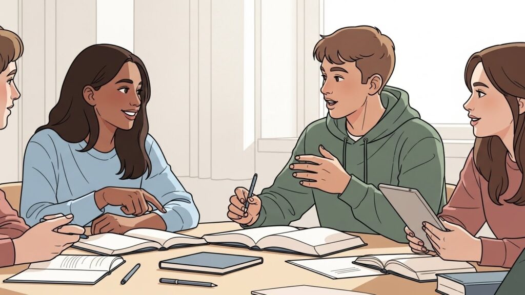 Quatro jovens sentados ao redor de uma mesa estudando juntos com livros, cadernos e tablet, enquanto conversam e sorriem.