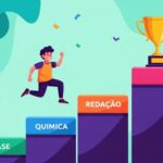 Jovem subindo degraus com os nomes "Base", "Química" e "Redação", em direção a um troféu no topo, representando progresso e conquista acadêmica.