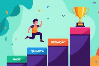 Jovem subindo degraus com os nomes "Base", "Química" e "Redação", em direção a um troféu no topo, representando progresso e conquista acadêmica.