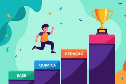 Jovem subindo degraus com os nomes "Base", "Química" e "Redação", em direção a um troféu no topo, representando progresso e conquista acadêmica.
