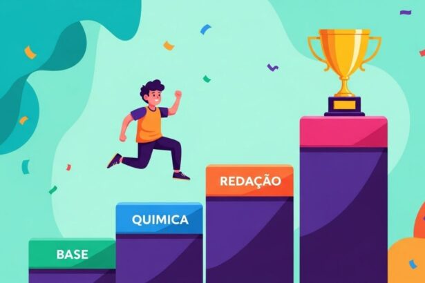 Jovem subindo degraus com os nomes "Base", "Química" e "Redação", em direção a um troféu no topo, representando progresso e conquista acadêmica.