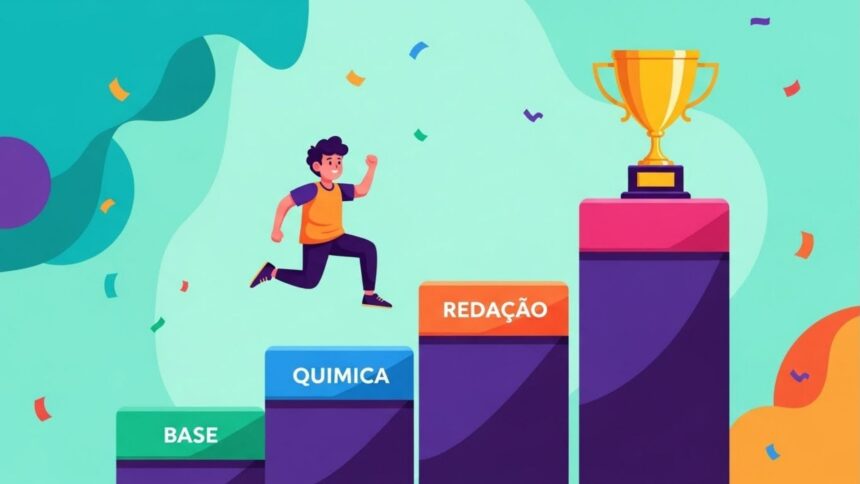 Jovem subindo degraus com os nomes "Base", "Química" e "Redação", em direção a um troféu no topo, representando progresso e conquista acadêmica.