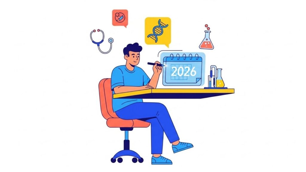 Estudante sentado à mesa marcando o ano de 2026 em um calendário, rodeado por ícones de ciências, como DNA, estetoscópio, frascos e símbolos de laboratório.