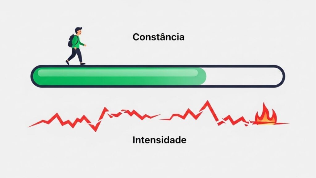 Comparação entre constância e intensidade: acima, um estudante caminha sobre uma barra verde contínua representando constância; abaixo, uma linha vermelha irregular e com uma chama no final representa a intensidade.