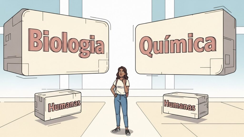 Jovem em pé, pensativa, diante de grandes blocos com os nomes "Biologia", "Química" e "Humanas", simbolizando a escolha de área de estudos.