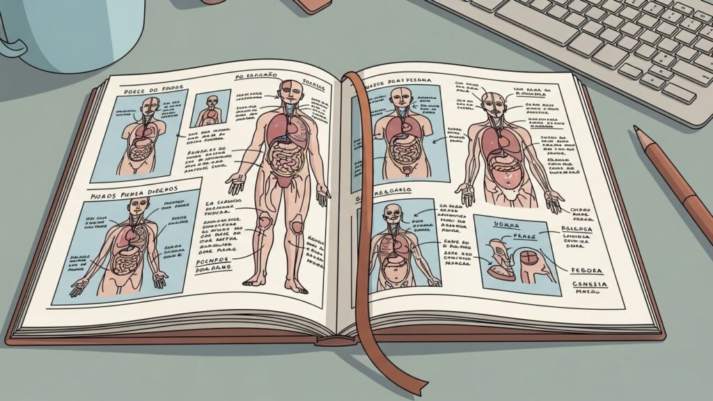 Ilustração de um livro aberto com diagramas do corpo humano e anotações manuscritas, mostrando órgãos internos e sistemas do corpo, ao lado de lápis, teclado e caneca.