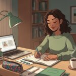 Jovem sorridente estudando em casa, com livros, caderno e laptop na mesa, cercada por objetos pessoais como caneca de café e planta, transmitindo foco e conforto.