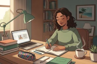 Jovem sorridente estudando em casa, com livros, caderno e laptop na mesa, cercada por objetos pessoais como caneca de café e planta, transmitindo foco e conforto.