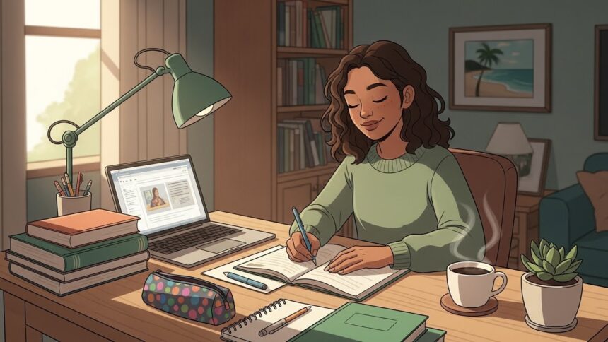 Jovem sorridente estudando em casa, com livros, caderno e laptop na mesa, cercada por objetos pessoais como caneca de café e planta, transmitindo foco e conforto.