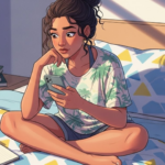 Jovem sentada na cama olhando para o celular com atenção, cercada por livros e caderno com caneta, em um quarto iluminado pelo sol.