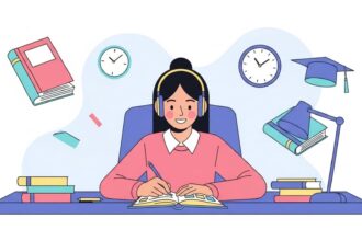 Garota sorridente usando fones de ouvido enquanto estuda em uma mesa com livros, relógios, luminária e elementos escolares ao redor.