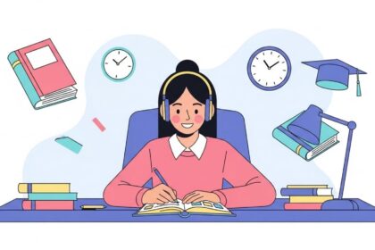 Garota sorridente usando fones de ouvido enquanto estuda em uma mesa com livros, relógios, luminária e elementos escolares ao redor.