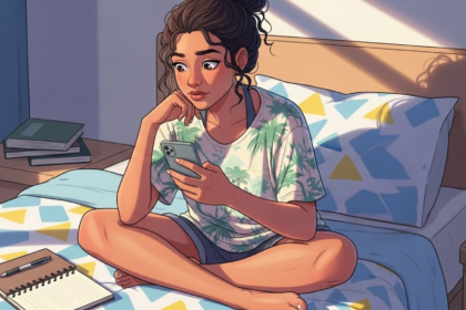 Jovem sentada na cama olhando para o celular com atenção, cercada por livros e caderno com caneta, em um quarto iluminado pelo sol.