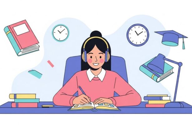 Garota sorridente usando fones de ouvido enquanto estuda em uma mesa com livros, relógios, luminária e elementos escolares ao redor.