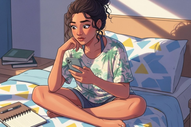 Jovem sentada na cama olhando para o celular com atenção, cercada por livros e caderno com caneta, em um quarto iluminado pelo sol.