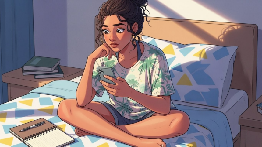 Jovem sentada na cama olhando para o celular com atenção, cercada por livros e caderno com caneta, em um quarto iluminado pelo sol.