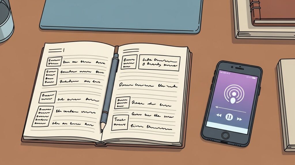 Caderno aberto com anotações e lápis ao centro de uma mesa, ao lado de um celular reproduzindo um podcast e livros empilhados.