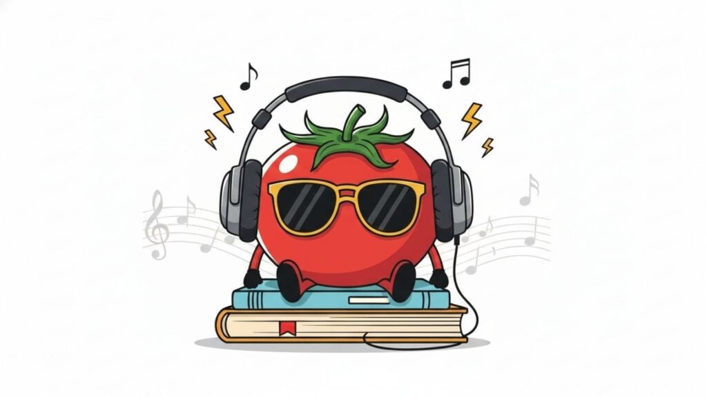 Ilustração de um tomate com fones de ouvido e óculos escuros sentado sobre livros, cercado por notas musicais e símbolos de som.