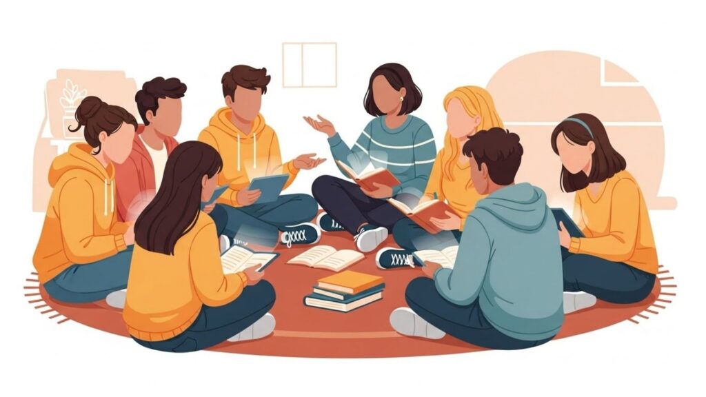Grupo de oito jovens sentados em círculo no chão, lendo e conversando com livros abertos no colo e no centro.