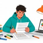 Jovem concentrado corrigindo um texto com lápis, rodeado por pilha de livros, marcadores, uma xícara de café, e um notebook exibindo gráficos, representando estudo e análise de dados.