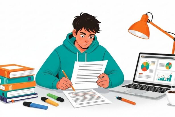 Jovem concentrado corrigindo um texto com lápis, rodeado por pilha de livros, marcadores, uma xícara de café, e um notebook exibindo gráficos, representando estudo e análise de dados.
