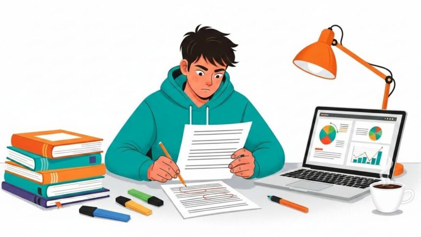 Jovem concentrado corrigindo um texto com lápis, rodeado por pilha de livros, marcadores, uma xícara de café, e um notebook exibindo gráficos, representando estudo e análise de dados.