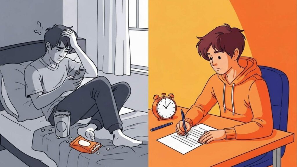 À esquerda, um garoto com expressão preocupada sentado na cama, olhando o celular, com lanches ao lado; à direita, o mesmo garoto focado escrevendo em uma prova com um relógio ao lado, ilustrando a diferença entre procrastinação e dedicação.