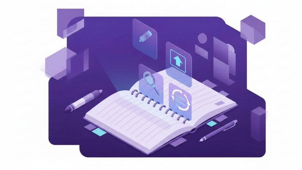 Ilustração de um caderno espiral aberto com ícones holográficos flutuando acima, como lápis, lupa, upload e sincronização, simbolizando integração entre anotações físicas e ferramentas digitais.