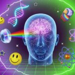 Ilustração digital surrealista e vibrante mostrando uma cabeça humana transparente com um cérebro iluminado no centro. Da esquerda, um prisma projeta um arco-íris em direção aos olhos. Ao redor da cabeça, flutuam ícones coloridos: uma hélice de DNA, átomos, emojis de carinha feliz, estrelas e um foguete, tudo sobre um fundo espacial com grade neon verde.