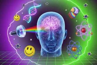 Ilustração digital surrealista e vibrante mostrando uma cabeça humana transparente com um cérebro iluminado no centro. Da esquerda, um prisma projeta um arco-íris em direção aos olhos. Ao redor da cabeça, flutuam ícones coloridos: uma hélice de DNA, átomos, emojis de carinha feliz, estrelas e um foguete, tudo sobre um fundo espacial com grade neon verde.