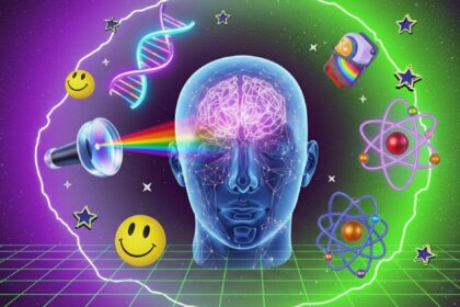 Ilustração digital surrealista e vibrante mostrando uma cabeça humana transparente com um cérebro iluminado no centro. Da esquerda, um prisma projeta um arco-íris em direção aos olhos. Ao redor da cabeça, flutuam ícones coloridos: uma hélice de DNA, átomos, emojis de carinha feliz, estrelas e um foguete, tudo sobre um fundo espacial com grade neon verde.