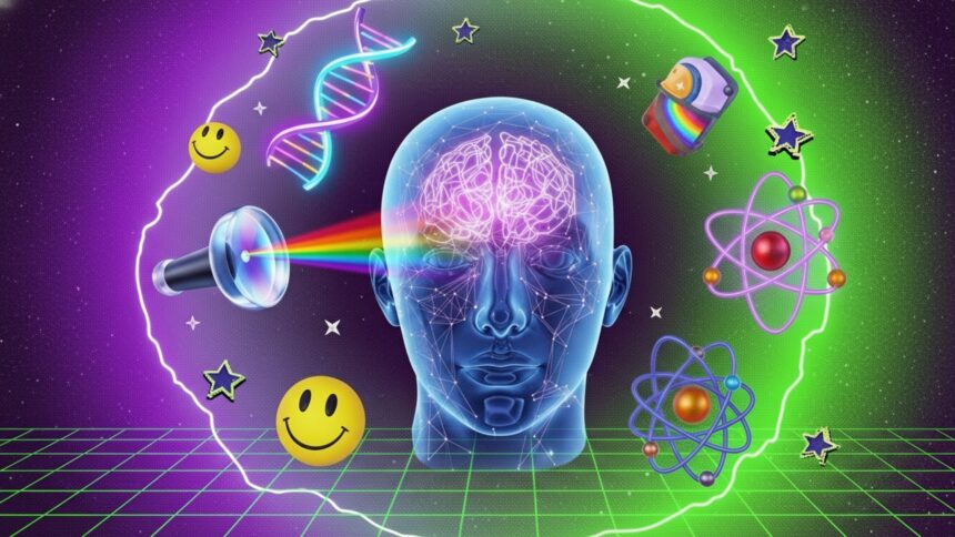 Ilustração digital surrealista e vibrante mostrando uma cabeça humana transparente com um cérebro iluminado no centro. Da esquerda, um prisma projeta um arco-íris em direção aos olhos. Ao redor da cabeça, flutuam ícones coloridos: uma hélice de DNA, átomos, emojis de carinha feliz, estrelas e um foguete, tudo sobre um fundo espacial com grade neon verde.