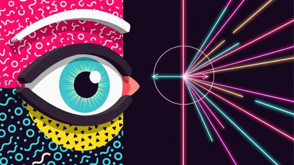 Close-up estilizado de um olho humano com íris azul-piscina. O olho está posicionado à esquerda, cercado por padrões geométricos coloridos e vibrantes. À direita, sobre um fundo preto, linhas de neon coloridas partem de um ponto central e cruzam um círculo, sugerindo a refração da luz ou um diagrama óptico.