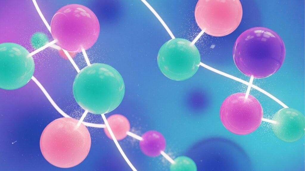 Representação artística em 3D de uma estrutura molecular. Esferas brilhantes nas cores rosa, roxo e azul-claro estão conectadas por tubos brancos luminosos. O fundo é um gradiente suave de azul e roxo com pequenas partículas brilhantes, criando um aspecto microscópico e futurista.