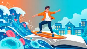 Ilustração de um jovem surfando sobre um livro aberto que flutua em uma onda gigante de água azul. A onda contém fórmulas químicas e células biológicas. Ao fundo, vê-se um prédio escolar clássico sob um céu claro, simbolizando a jornada dinâmica pelo conhecimento científico.